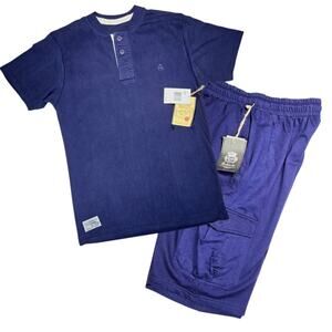 New Mens L Akademiks AKDMKS Button Tee Shirt Cargo Shorts Outfit Set Navy Blue